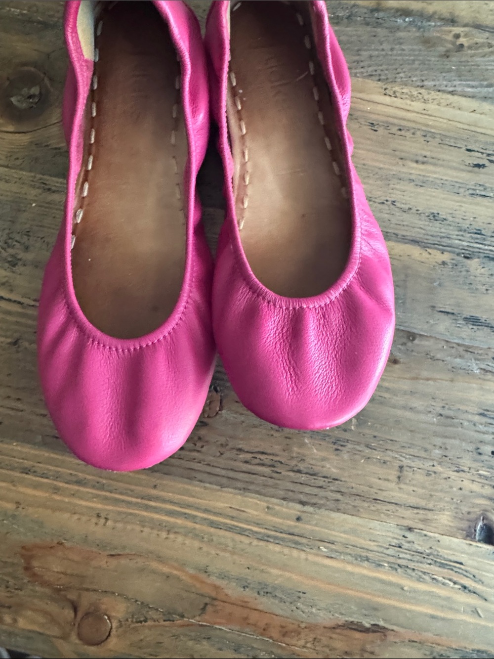 Women's Pink Leather Ballet Flats with Turquoise Heel Tab - Picture 3 of 8